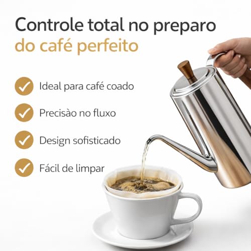 Bule de Inox 304 Premium Bico Fino Filtro e Cabo de Madeira Sofisticado para Café e Chá Gourmet (700, Millilitros)
