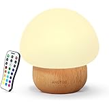Night Lights for Kids, ANGTUO Baby LED Mushroom Night Lamp, Soft Silicone Lampshape, 100% Rubber Wood, 4 Light Modes and 16 Color by Wireless Remote - US Plug