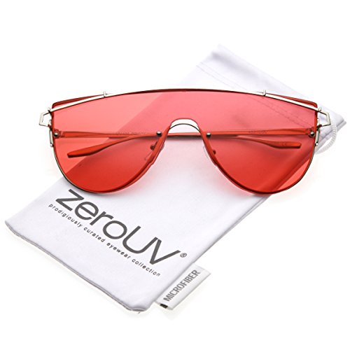 zeroUV - Futuristic Rimless Metal Crossbar Colored Mono Lens Shield Sunglasses 62mm (Silver / Red)