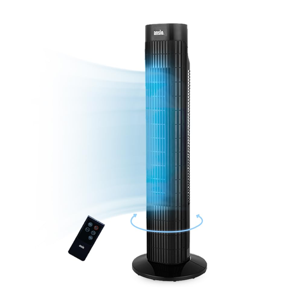 ANSIO 30-Inch Tower Fan with Remote – Bladeless, Oscillating, Standing Portable Electric Cooling Fan for Bedroom and Office, 7.5-Hour Timer, 3 Speeds – Black