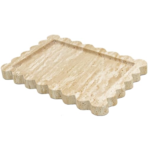 YMXYJM Genuine Travertine Scalloped Marble Tray, Real Natural Marble Stone Trays, Luxury Decorative Trays for Bathroom, Dresser, Vanity, Kitchen, Home Decor, 10.6" x 8", Travertine Beige