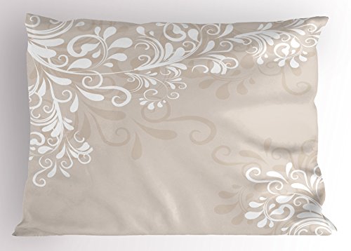 Ambesonne Oriental Decor Pillow Sham by, Floral Ivy Swirls Leaves Abstract Modern Frame like Artwork Image, Decorative Standard Size Printed Pillowcase, 26 X 20 Inches, Cream Tan and White