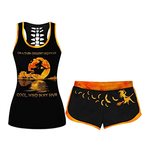 Sayolala Women\'s Sleeveless Prints T Shirts Blouses for Women Halloween Drawstring Shorts Set