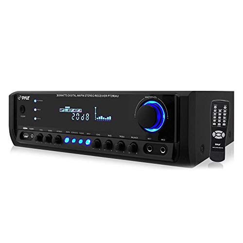 Home Audio Power Amplifier System – 300W 4 Channel Theater Power Stereo Sound Receiver Box Entertainment w/ USB, RCA, AUX, Mic w/ Echo, LED, Remote – For Speaker, iPhone, PA, Studio Use – Pyle PT390AU