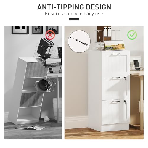 HOMCOM 3 Drawer File Cabinet with Lock, Vertical Filing Cabinet with Adjustable Hanging Bars for A4 and Letter Size File Folders, Printer Stand with Storage for Home Office, White