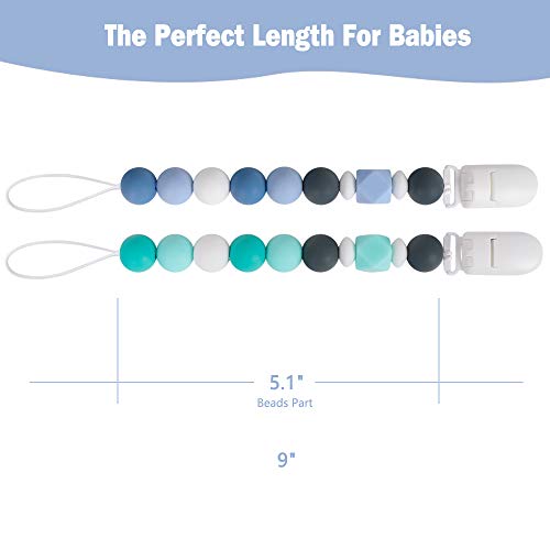 Baby Pacifier Clip, MCGMITT Silicone Teether Beads Binky Holder Teething Relief BPA Free for Girls Boys, 2 Pack Shower Gift Set (Turquoise+Blue)