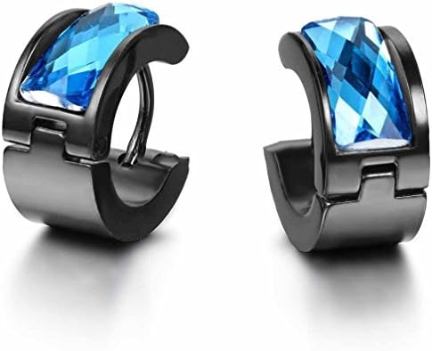 Janestore Black Stainless Steel Mens Hinged Huggie Hoop Blue Crystal Stud Earrings Set