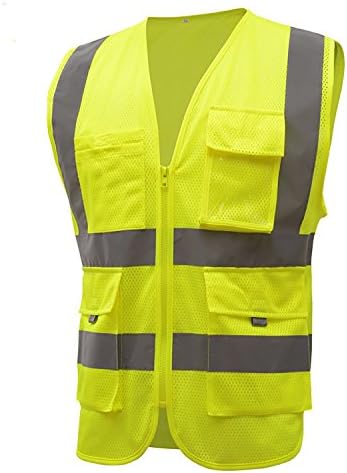 Ching Duoan Multi-pocketed Class 2 Reflective Strips 360 degree High Visibility Mesh Safety Reflective Vest (Extra Large, fluorescence Yellow)