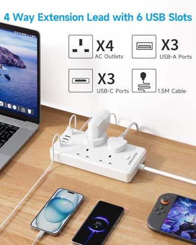 Extension Lead with 6 USB Slots (3 USB C), 4 Way Surge Protected Extension Lead 1.5M with Switch, Wall Mounted Multi Plug Power Strip for Home Bedroom Kitchen Office, White