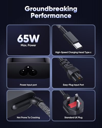 New Slim HP 65W Laptop Charger USB C for HP 45W Type C Power Adapter EliteBook Elite Spectre X360 X2 830 1030 1040 Envy 11 13 14 15 ProBook 430 G6 G7 G8 Chromebook Pavilion,10FT,With UK Power Cable