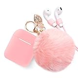 Airpods Case Keychain, BLUEWIND AirPod Protective Charging Case Cover, Portable Earpods Air Pods Carrying Cases with Strap, Keychain, Soft Fluffy Ball, Compatible with Apple AirPods 1&2 (Pink)