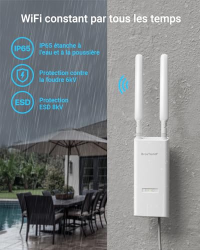 BrosTrend AC1200 Point d'accès WiFi Extérieur PoE Port Gigabit, Longue Portée Borne WiFi Extérieur Puissant, Outdoor IP65 AP Wi-Fi, 2*5dBi Antenne Double Bande 5GHz + 2.4GHz, avec Injecteur PoE Passif