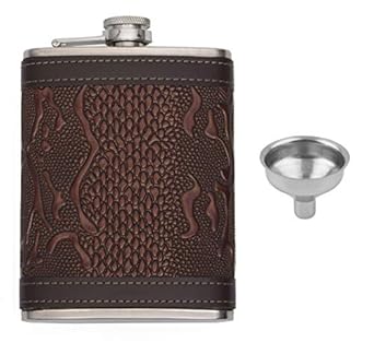 Store2508 Hip Flask with Funnel. Stainless Steel Body with Snake Skin Pattern PU Leather Cladding 8 Oz (236 ml).