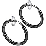 INRENG Unisex Stainless Steel Hoop Earrings, Spring Clip Non-Pierced Fake Cartilage Earrings, Black Silver Stainless Steel