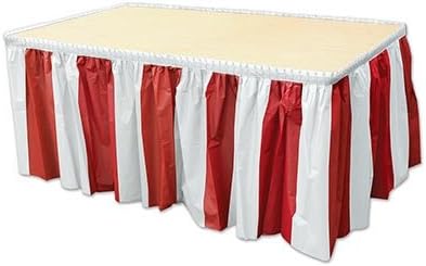 Plastic Red &amp; White Striped Pleated Table Skirt with Adhesive Backing For Easy Application 14 feet x 29 inches by Ocean Supply