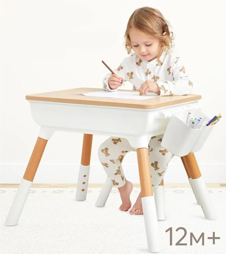 CENXI Study Table, with 1 Chair Set, Height Adjustable Table and Chair, 55 * 55 * 40cm, Play and Activity Desk with Paper Roll, Storage Basket and Drawers, Suitable for Daycare, Classrooms, Home