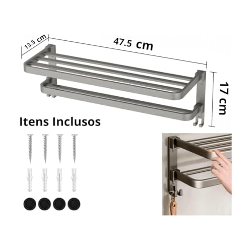 Toalheiro Duplo com Prateleira de Aço para Banheiro Porta Toalha de Parede | Suporte para Toalhas de Luxo Moderno, Resistente à Umidade | Instalação Parafusada ou Adesiva | Preto/Cinza Escuro