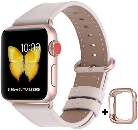 JSGJMY Compatible for Iwatch Band 38mm 40mm S/M Women Genuine Leather Loop Replacement Strap Compatible for iWatch Series 5 4 3 2 1, Ivory White with Series 5/4/3 Rose Gold Clasp