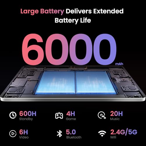 Paaxoo Tablette Android, 18 Go (6 + 12) de RAM, 128 Go de ROM, écran Tactile IPS HD 1280 x 800, Batterie de 6 000 mAh, Bluetooth, Double Caméra, GMS, Wi-FI (Grise)