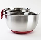 HUJI 3 Piece Stainless Steel Mixing Bowls set with Pouring Spouts & Non-Slip Silicon Base and Handles For Baking Mixing Kitchen Tools (Red )