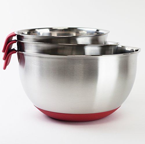 HUJI 3 Piece Stainless Steel Mixing Bowls set with Pouring Spouts & Non-Slip Silicon Base and Handles For Baking Mixing Kitchen Tools (Red )