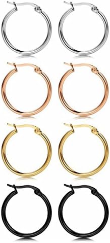 Besflily Women Girls 4 Pairs Stainless Steel Round Unisex Hoop Earrings 20mm