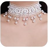 Xerling Elegant White Lace Choker Necklace Vintage Pearl Necklaces Gothic Victorian Lolita Costume Jewelry Necklaces for Women Flower Lace Choker for Bridal Wedding (Type A)