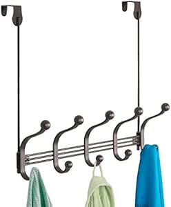 mDesign perchero de puerta - 5 ganchos dobles - Práctico colgador de ropa para entrada o baño - Perchero sin taladro para abrigos y chaquetas o como ...