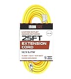 25 Foot Lighted Outdoor Extension Cord - 12/3 SJTW Heavy Duty Yellow Extension Cable Extension Cable with 3 Prong Grounded Plug for Safety - Great for Garden and Major Appliances