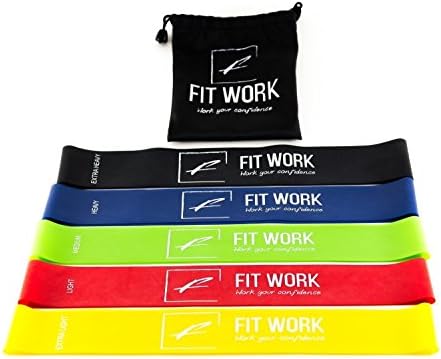 Exercise bands by Fit Work - set of 5 resistance loop bands for legs, butt, ankles, stretching, yoga and home fitness, with carry bag