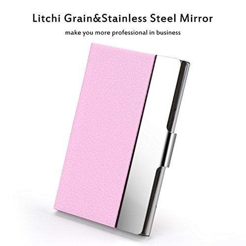 Business Card Holder Case, AHGXG Professional Slim Name Card Case Credit Card ID Holder/Case PU Leather&Stainless Steel Metal Wallets For Men&Women, Keep 20 Business Cards, Pink