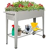 Aboxoo Fioriera Rialzata Con Gambe Su Ruote - Grigio Scuro - 254x68,6x203 Cm - Letto Da Giardinaggio In Acciaio Zincato Con Ripiano Inferiore E Manico Curvo