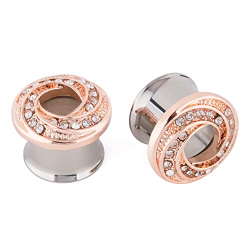 WBRWP 2pcs Stainless Steel Rhinestone Crystal Rose Ear Plugs Tunnels Expander Ear Gauges Stretcher Body Piercing 2g-5/8 (Rosegolden 2g(6mm))