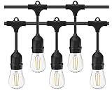 BRTLX Commercial Grade Outdoor Weatherproof S14 LED String Lights 48Ft with 15 Dropped Sockets 2W 15Pcs S14 LED Edison Filament Bulb Included for Patio Courtyard Porch Wedding