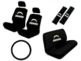 11 Piece NFL Auto Interior Gift Set - San Diego Chargers - A Set of 2 Seat Covers, 1 Rear Bench Cover, 1 Steering Wheel, and A Set of 2 Seat Belt Pads
