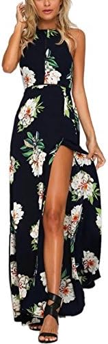 Foyean Women's Halter Backless Maxi Summer Beach Dress Side Split with Special Belt 2602-BK Large