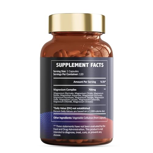 Totaria Magnesium Complex 700mg 12 in 1 Magnesium Supplement with Glycinate Citrate Malate Oxide Taurate Aspartate Orotate Magnesium Relaxation,Muscle,Heart Support, Vegan 120 Capsules