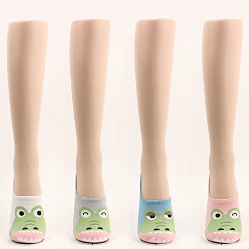 WOWFOOT Women Animal Design No-Show Casual Liner Socks Character Print Non Slip Flat Boat 4 Pair (4pair-lovely crocodile) - Thumbnail 3