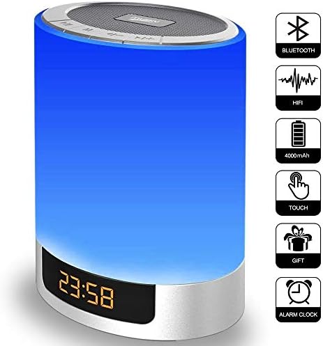 Alarm Clock with Bluetooth Speakers, Kids Night Light Touch Sensor LED Color Bedside Lamp, Portable Wireless MP3 Music Player for Bedrooms, Party