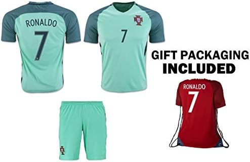 Ronaldo Jersey #7 Portugal Away Youth Soccer Jersey & Kids Shorts + Ronaldo #7 Drawstring Backpack Premium Football Gift for Boys Girls