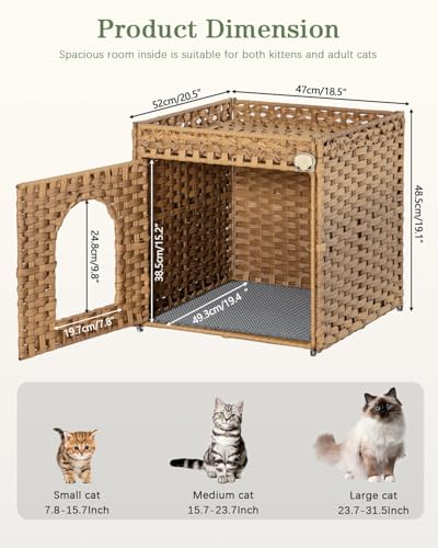 NIUB Cat Litter Box Enclosure Furniture, Hidden Litter Box with Mat and Fence, Handwoven Rattan Cat House with Two S-Shaped Hooks for Living Room, Bedroom, 18.5 x 20.5 x 19.1 Inches