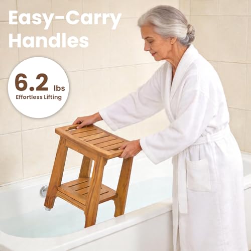 14" Compact Teak Shower Stool with Shelf & Handle - Waterproof, Non-Slip Bath Bench for Small Bathrooms/Tub/Outdoor Use, 300 lbs Capacity (Patented)