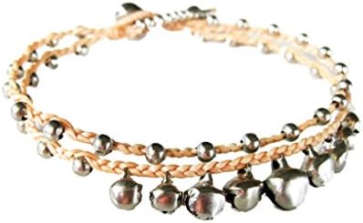 Khum Wieng Kham Women's Silver Bells Anklet Waxed Cotton Cord Bohemian Handmade Jewelry Nature