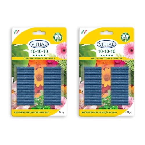 Adubo Fertilizante Vithal Bastonetes 10-10-10, Aplicação via Solo, Kit com 2 Pacotes, 30 Unidades Cada