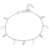 Vanbelle Sterling Silver - Rhodium Plated with 925 Stamp - Dangling Stars & Moons Bracelet - Elegant Hand Bracelet for Women - 6.5" Long + 1" Extender