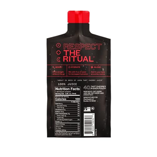 CHERIBUNDI | 100% TART CHERRY JUICE PURE CONCENTRATE GRAB & GO | 2.5 FLUID OUNCE POUCH FOR MAXIMUM RECOVERY WITH 40 TART CHERRIES | 100 CALORIES, 0 PRESERVATIVES, NON-GMO | 2.5 FLOZ (PACK OF 6)