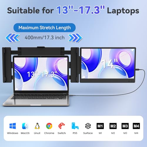 KEFEYA Monitor Portátil 14" FHD 1080P IPS Extensor Pantalla Portatil, Laptop Screen Extender Plug & Play con HDMI, USB-A, Type-C, Compatible con Windows, Mac, Android para Laptops 13-17.3"