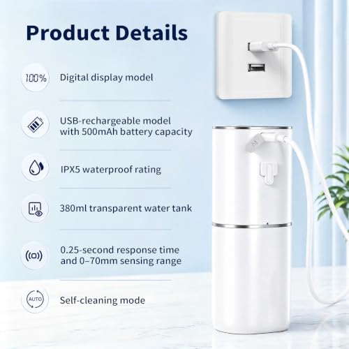 Kefflum Automatic Soap Dispenser, Electric Foam Dispenser with Digital Display, 6 Adjustable Levels, USB Rechargeable, Wall and Desktop, for Bathroom and Kitchen (380ml, White)