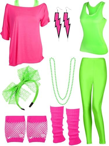 LEOEASIY Disfraz Años 80 Para Mujer – Set Con Diadema Deportiva, Muñequeras Y Calentadores De Piernas, Accesorios Retro Para Fiestas Temáticas