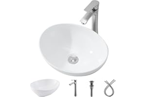 Vessel Sink, White Vessel Sink with Faucet and Drain Combo -Bokaiya 16x13 Oval Vessel Sink Above Counter Porcelain Ceramic Bathroom Sink Art Basin